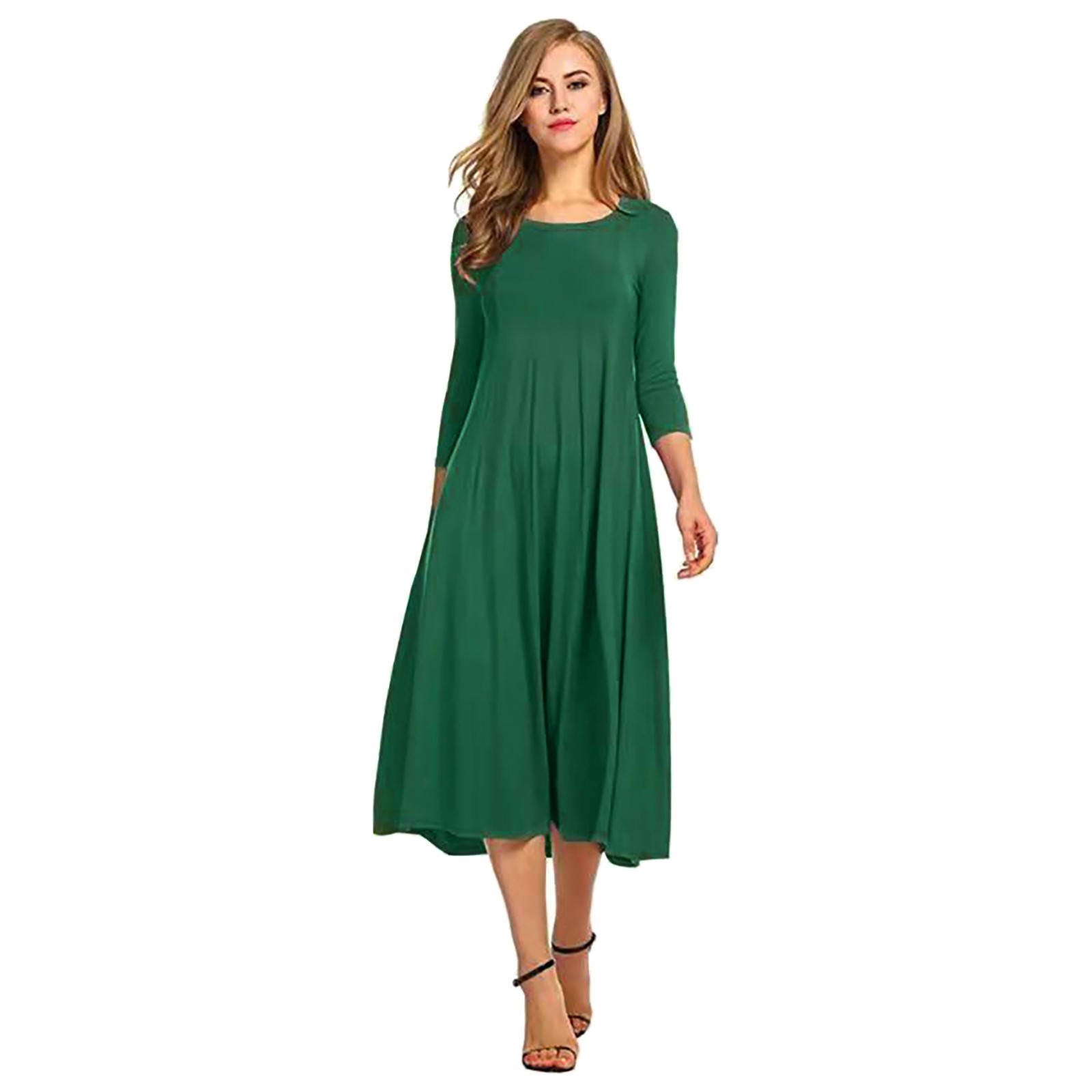 thumbnail image 4 of Vestido informal liso de mujer con cuello redondo, manga larga y largo hasta la pantorrilla - Corte holgado, material resistente, para uso diario/ocasionales, tallas M-XXXL, 4 of 6